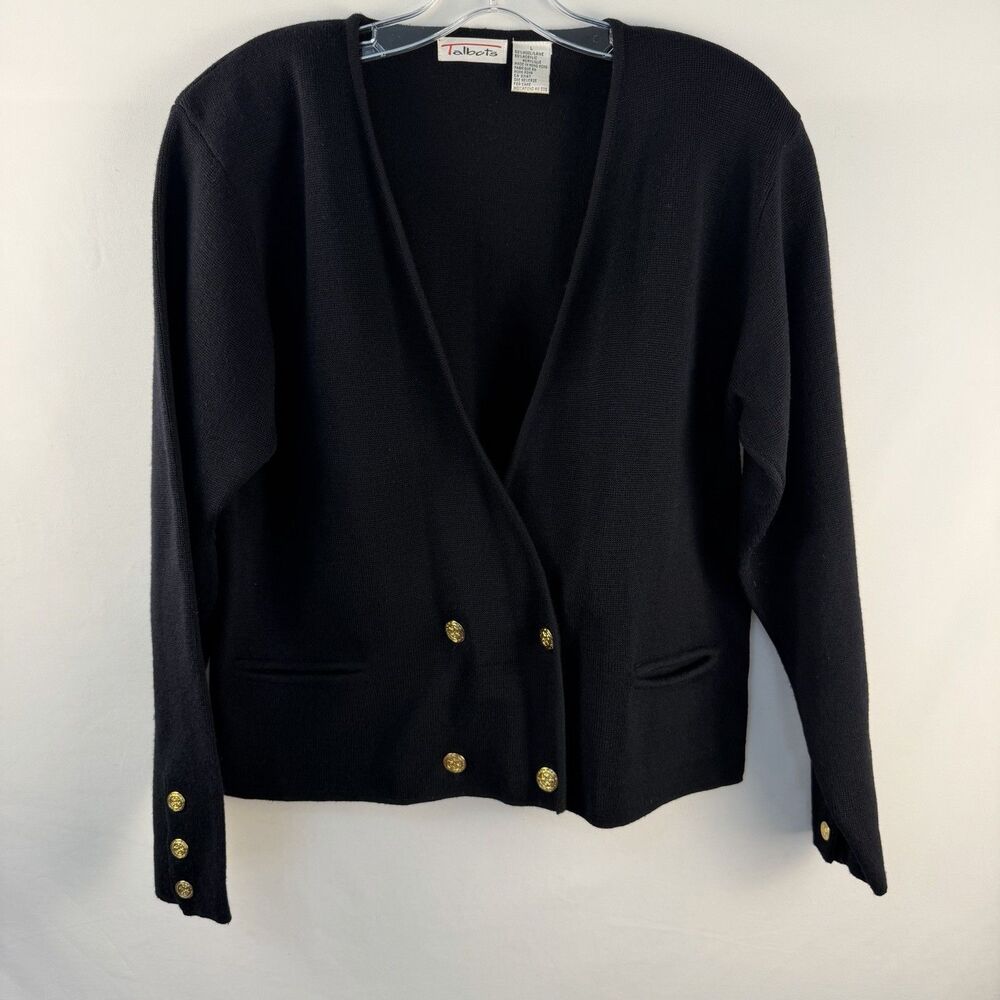 VTG Talbots Cardigan Black Double Breasted Wool Blend Gold Buttons Heritage Sz L